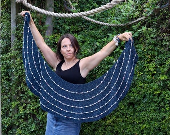 Crescent crochet shawl pattern: ‘Festoon’ is a PDF crochet pattern for a 4 ply fingering weight circular shawl with popcorn bobbles