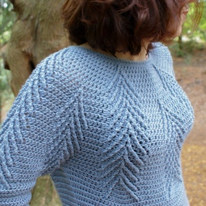 Peut inclure: Un pull en crochet bleu clair avec un motif de point de câble. Le pull a un col rond et des manches longues.