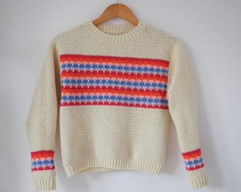 Crochet Sweater Pattern PDF: Intermediate modified drop crochet jumper with colourful stripes in 9 women's sizes