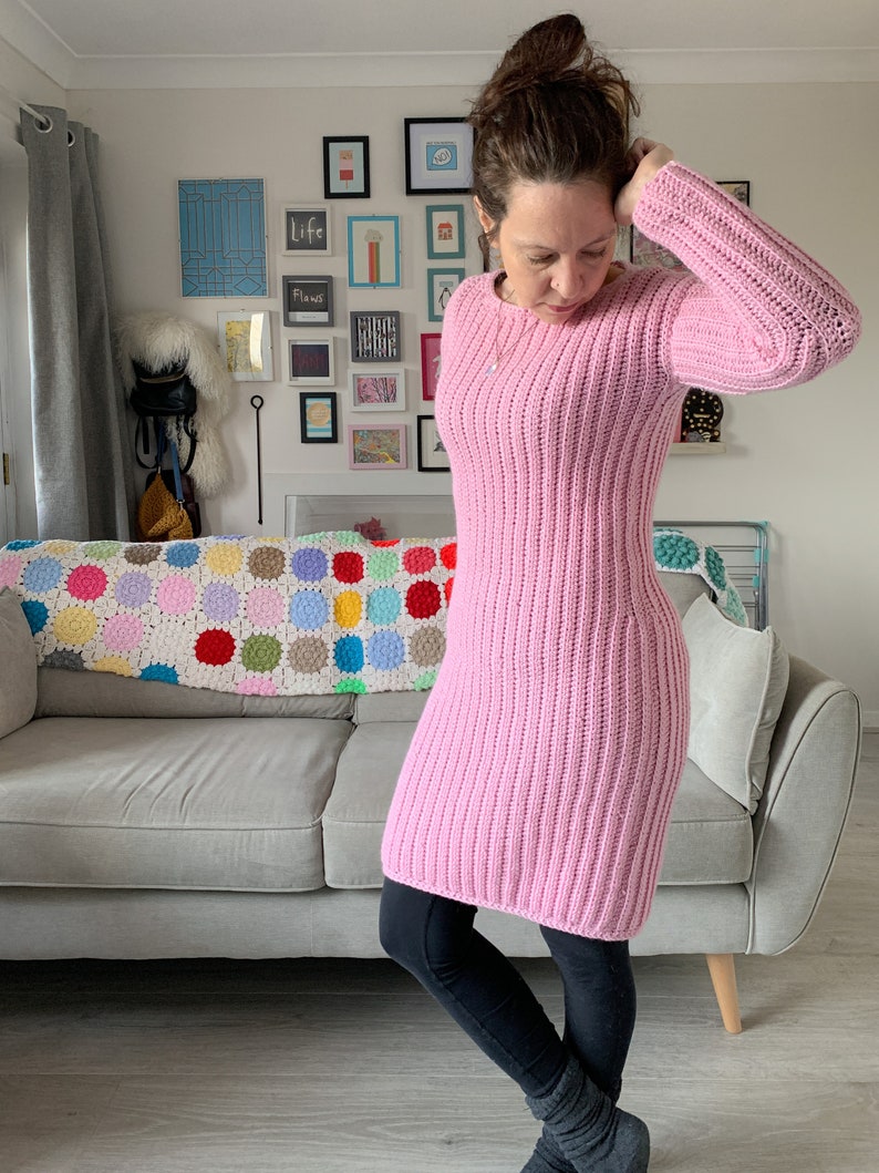 Crochet Sweater Dress Pattern: Womens simple ribbed crochet jumper dress image 3