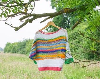 Batwing Sweater Crochet Pattern | 3/4 length sleeve crochet jumper | Use leftover stash yarn to crochet a unique colourful oversized sweater
