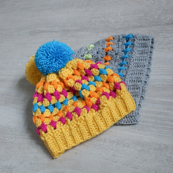 Crochet Hat and Scarf Pattern: Beginners Granny Stripe Puff Stitch Set. Hat in newborn to adult sizes