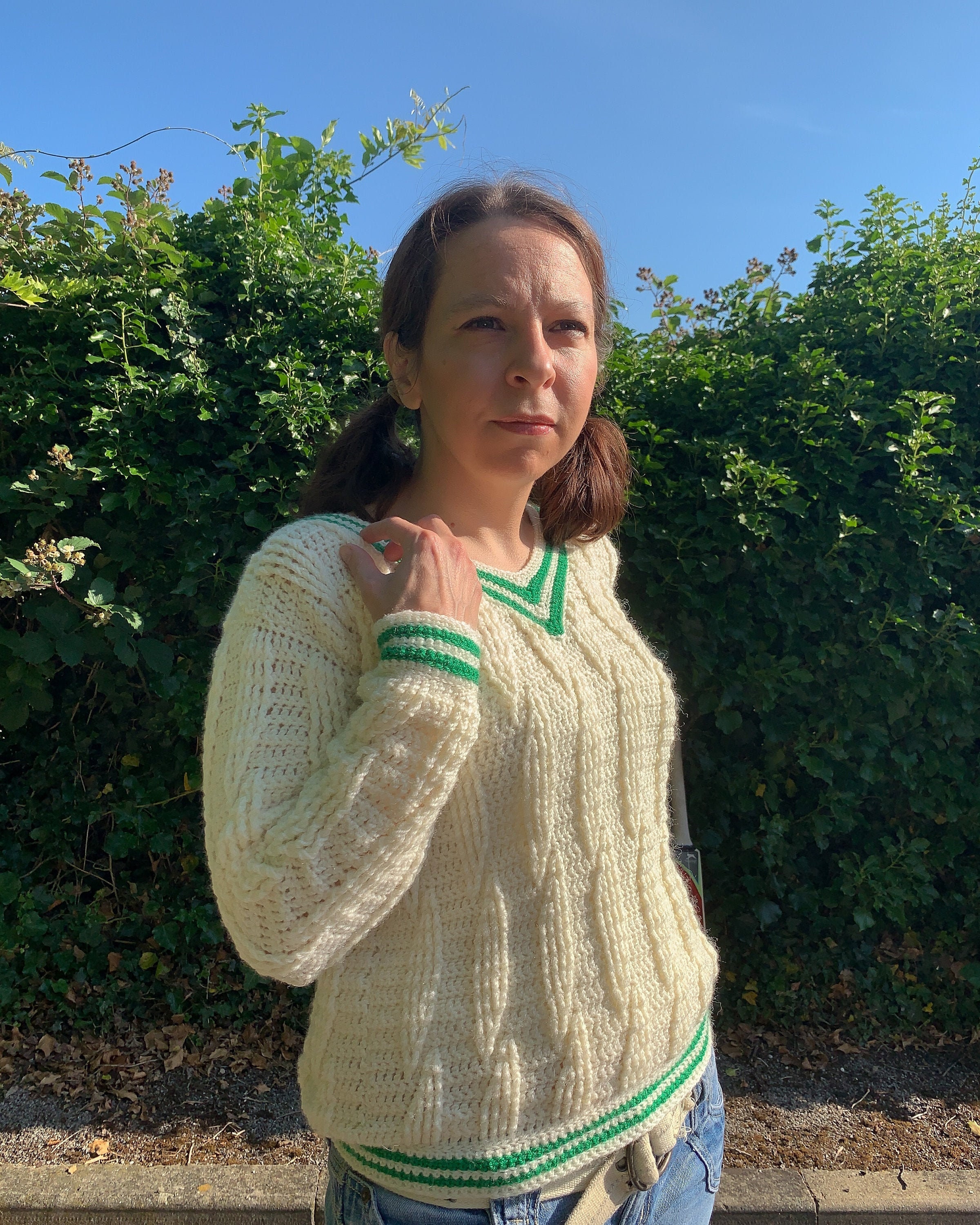 Ladies Cable Knit Cricket Jumper In Ecru and Orchid
