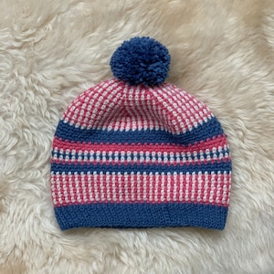 Scandi Stashbusting Crochet Beanie Pattern: Simple Nordic folk style crochet pom pom hat image 1