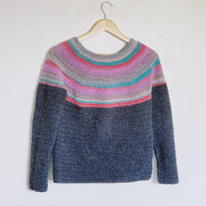 Any Yarn Top Down Crochet Sweater Pattern: Beginner's round yoke crochet jumper can be made with any yarn weight 画像 3