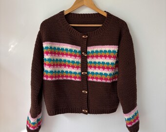 Crochet Cardigan Pattern: Women's fall cozy cardigan with long sleeves and round neck. Colourwork stripes with interlocking stitches