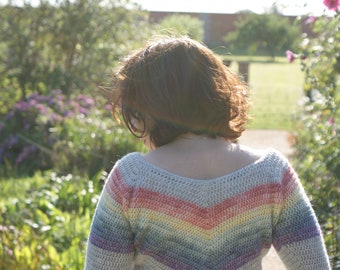 Rainbow Crochet Sweater Pattern| Chevron stripe, v-neck adult's jumper | Simple raglan crochet pullover available in women’s size XS - 3X