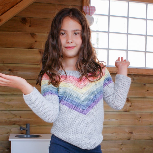 Children's Rainbow Crochet Sweater Pattern: V-neck raglan long sleeve sweater in six sizes | Kids colourful chevron crochet jumper
