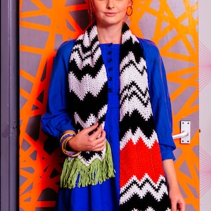 Crochet Scarf Pattern (PDF): Easy asymmetric  crochet chevron scarf pattern with colour pop and fringe