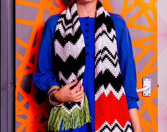 Crochet Scarf Pattern (PDF): Easy asymmetric  crochet chevron scarf pattern with colour pop and fringe