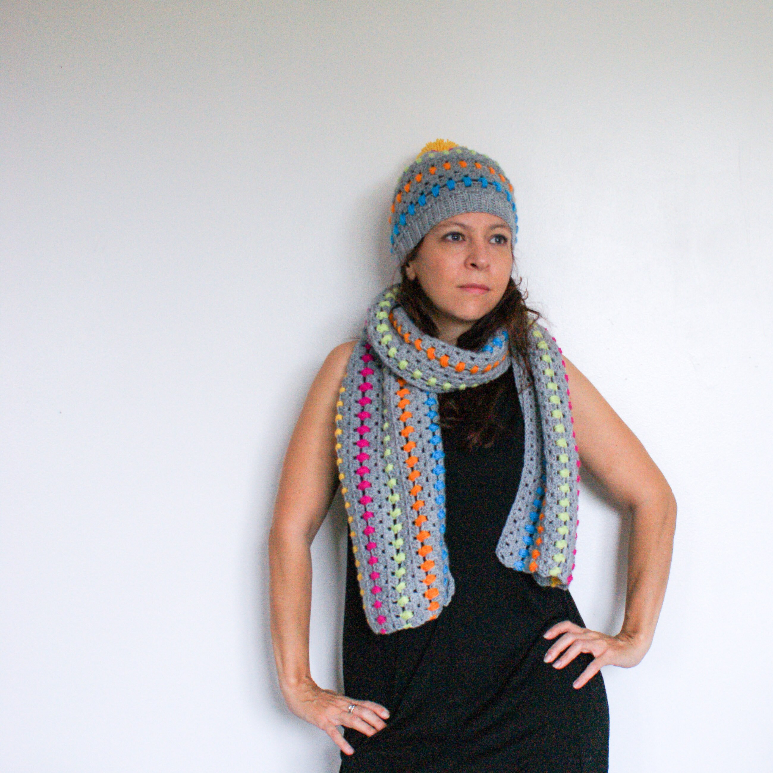 PDF Scarf and Hat Crochet Pattern: DK Granny Dot Pom-pom