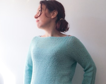 Women’s Crochet Sweater Pattern: Free Flow Jumper| Off the shoulder 3/4 length kimono sleeve pullover| Crocheted with sock weight/4ply yarn