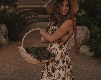 Caroline Dress, Garden Dress, Floral dress, Gardening, tie straps, vintage, cotton, oranges