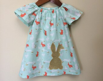 Baby girls gold bunny dress, handmade girls dress, easter dress. Size 18-24 months (2)