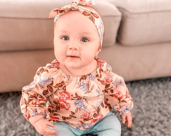 baby girls floral long sleeve swing top and headband set , baby girls top, long sleeve shirt.handmade top