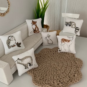 Miniature Woodland throw pillow, sweet  miniature dollhouse cushion. Dollhouse decor, 1/12 scale, mini scatter pillow. Six animals