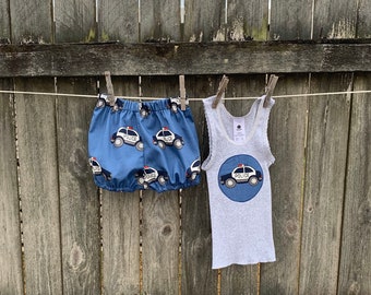 Baby boys outfit, boys bloomers and tank set, police fabric , essential worker , newbaby gift, baby shower gift, baby boys  outfit size 1