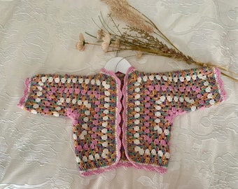 Crocheted hexi cardigan ,  handmade girls  crocheted top. Girls  sweater, pure wool  crocheted cardigan .