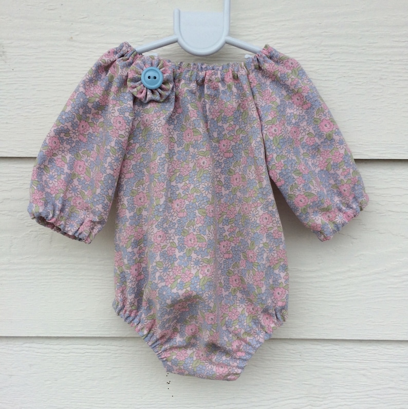 handmade baby girl outfit,pretty floral cotton fabric pretty Girls playsuit size 0-3 months Long sleeve romper and crocheted bonnet