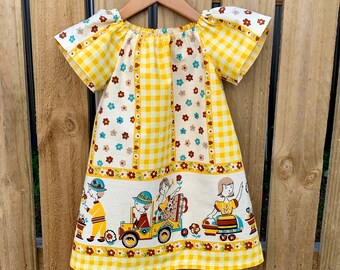 Girls  Dress, size 3 , cute vintage  fabric  handmade pretty dress. Unique dress .