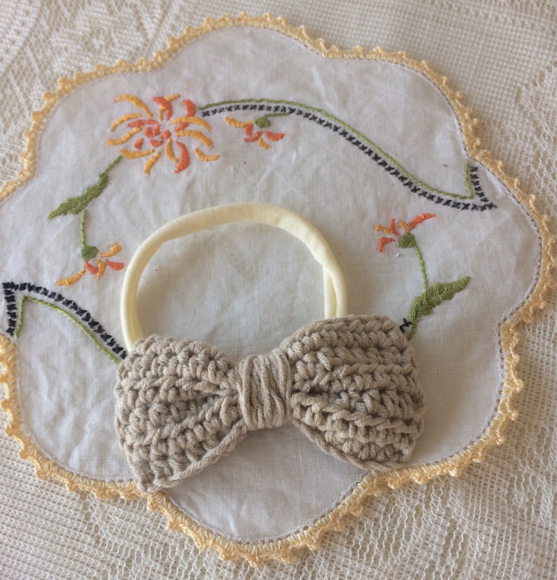 Cute crocheted headband cute bow headband Handmade stone beige coloured cotton crocheted bow. baby girls bow headband