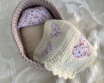 Crocheted baby doll / teddy Moses basket doll bedding playset. Handmade, crocheted , toy, play, cute. Pretend play.