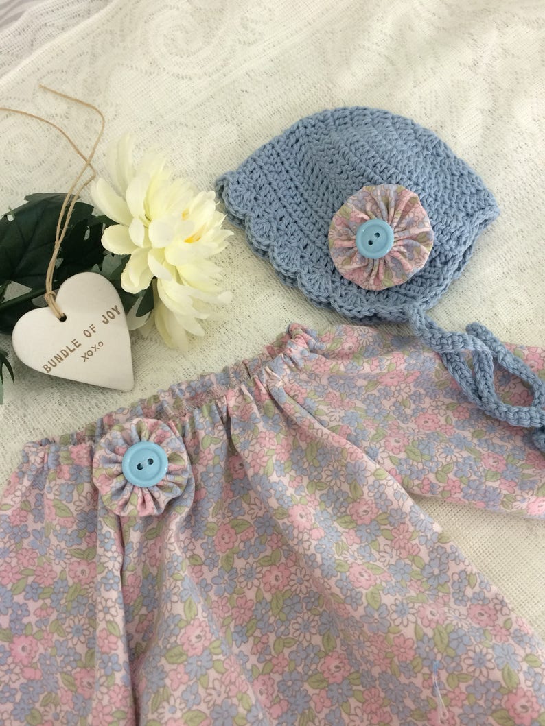 handmade baby girl outfit,pretty floral cotton fabric pretty Girls playsuit size 0-3 months Long sleeve romper and crocheted bonnet