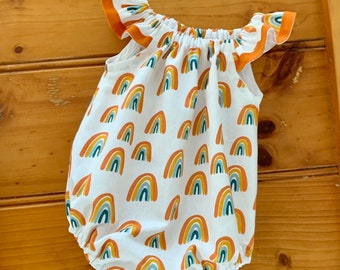 Pretty rainbow  playsuit, sweet cotton  fabric, fun baby girl romper, baby shower gift, rainbow romper. Handmade playsuit.size newborn .