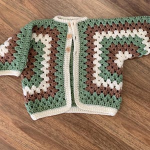 Handmade Crocheted Hexi Baby Cardigan: Beige, Brown, Green (12-18 Months)
