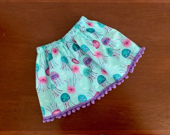 Pom Pom trimmed jellyfish skirt, little girls skirt , summer skirt , fun skirt, size 2