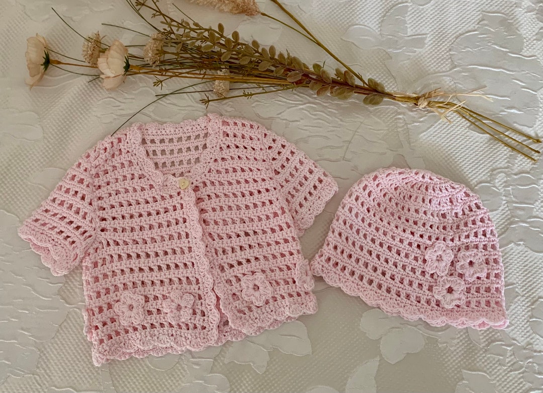 Crocheted Baby Jacket and Hat Set, Handmade Babygirl Crocheted Top