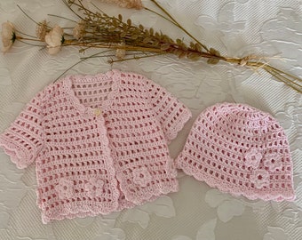 Crocheted baby jacket and hat set,  handmade babygirl crocheted top. Baby sweater, pink cotton crocheted cardigan . Baby shower gift