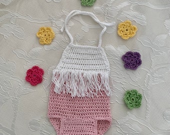 Boho baby romper, crocheted baby girls sunsuit, fringe romper, handmade cotton boho fringe romper, photo prop,baby shower