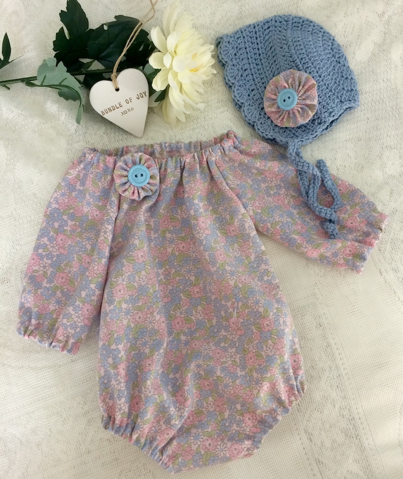handmade baby girl outfit,pretty floral cotton fabric pretty Girls playsuit size 0-3 months Long sleeve romper and crocheted bonnet