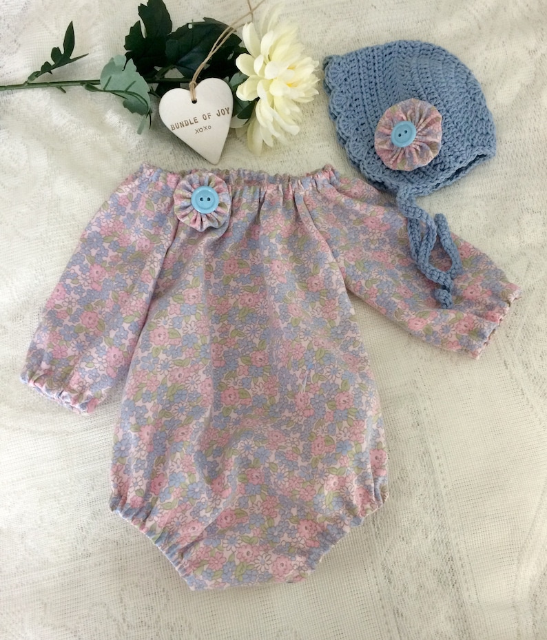 handmade baby girl outfit,pretty floral cotton fabric pretty Girls playsuit size 0-3 months Long sleeve romper and crocheted bonnet