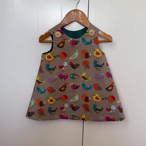 Handmade Girls Pinafore Dress: Sweet Birds Cotton Fabric, Size 2