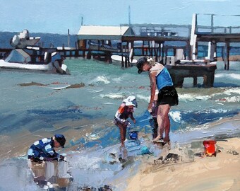 Figurative Painting. Mother and children playing on the beach in 'Playing By The Jetty III'. Original Oil Painting With A Palette Knife