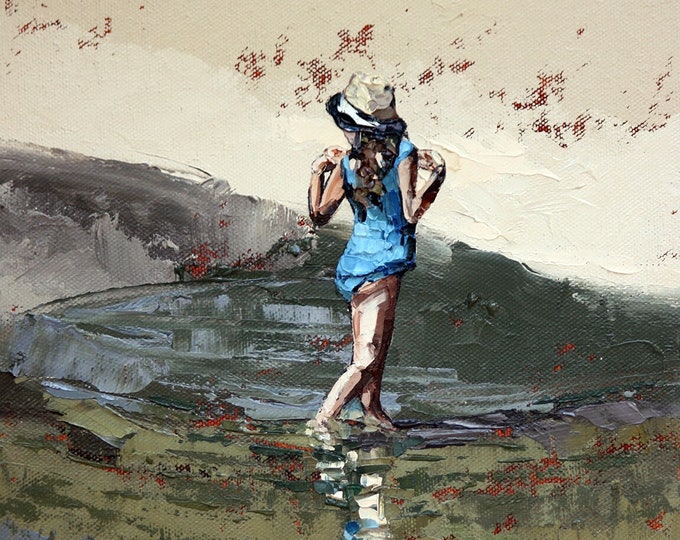 Original Oil Painting. One Girl II stands in a shallow pool. 'One Girl II' is a textured original painting completed with a palette knife.