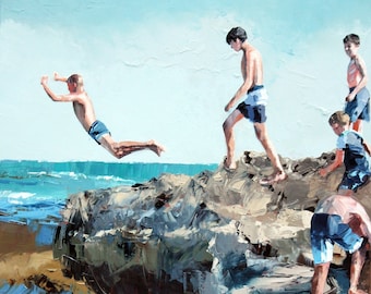 Figuratieve schilderkunst. Jongens die van rotsen springen in 'Rockpool Jumping III'. Origineel olieverfschilderij aangevuld met een paletmes