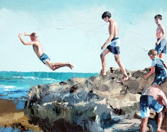 Beach Print. Limited Edition Archival Art Print, 'Rockpool Jumping III', Ready To Frame. Coastal Wall Art. Summer Fun. Childhood Memories.