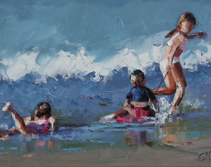 Figurative Oil Painting of Children Skimboarding at the Beach. Palette Knife Painting full of Texture.