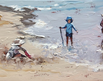 Impasto Seascape Painting. Children Playing By The Water's Edge in 'Beach Textures II' Original Oil Painting Completed With A Palette Knife.