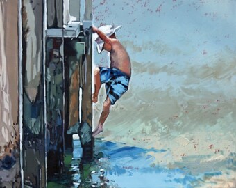 Coastal impressionist oil painting of a boy climbing a beach jetty. This work is full of varying blue / green reflections and texture.