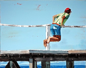 Beach Print. Boy Hanging Out On The Jetty. Museum Quality Giclee Art Print. Ready To Frame.