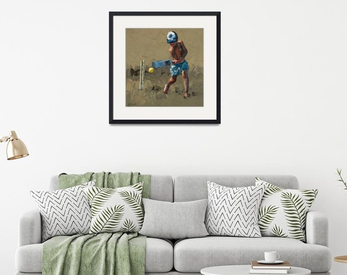 Framed Cricket Wall Art. 'Beach Cricketer II' Archival Print Framed And Ready To Hang. Gift For Husband.