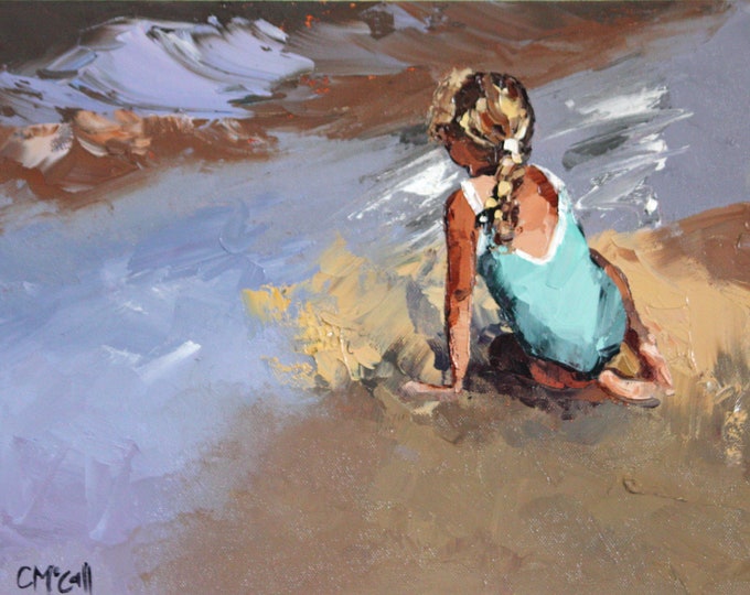 Original Oil Painting. One Girl sits by the water's edge. 'One Girl' is a textured original oil painting completed with a palette knife.