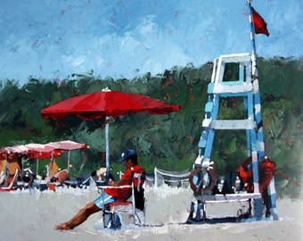 Figurative Painting. A fairly relaxed lifeguard off duty in 'The Lifeguard'. Original Oil Painting With A Palette Knife.