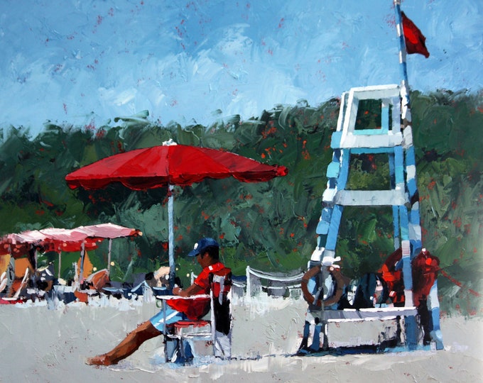 Figurative Painting. A fairly relaxed lifeguard off duty in 'The Lifeguard'. Original Oil Painting With A Palette Knife.