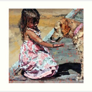 Peut inclure: Une jeune fille v&ecirc;tue d'une robe &agrave; fleurs rose et blanche est assise sur une surface en bois, regardant un chien golden retriever avec un collier rose.
