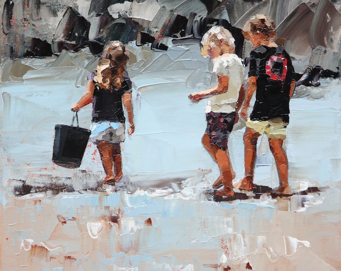 Canvas print | original artwork | impressionist | oil painting | Collecting Pippies II | classic artwork | beach art | rocks | children